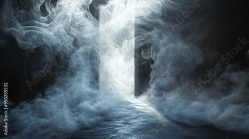 Mystical smoke swirling from a mysterious door in the darkness abstract surreal afterlife heavenly fog and light with black background negative space copy space life after death path journey portal