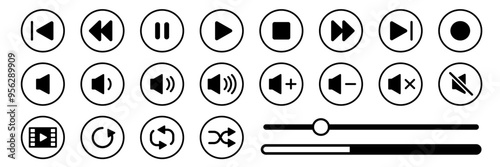 映像や音楽再生の操作ボタンアイコンのセット