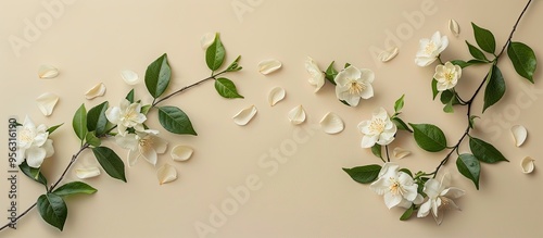 Flat lay composition featuring fragrant jasmine flowers and verdant leaves on a neutral beige backdrop accompanied by ample copy space image