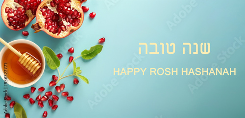 Rosh hashana, jewish new year holiday, background with pomegranate and honey, traditional food for celebration, shana tova written in hebrew 