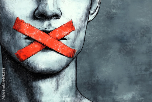 A red tape crossed over the mouth of a man, symbolizing the restriction of free speech