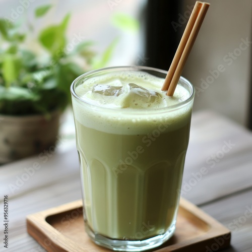 A refreshing glass of iced matcha latte with two bamboo straws.