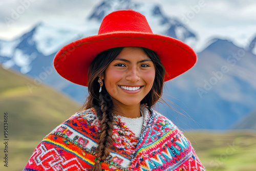 Portrait of a beautiful Indian villager in the Andes smiling and looking at the camera