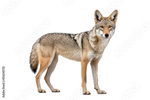 Realistic PNG of a coyote standing alert with transparent background for easy integration into designs