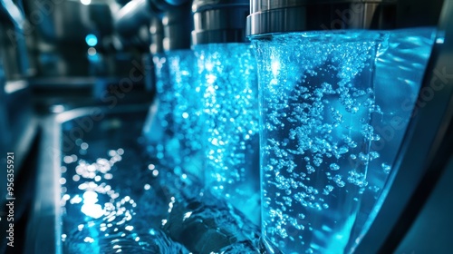 An advanced nanotechnology device purifying water at a molecular level, with a vibrant, clean water stream flowing through a high-tech filtration system