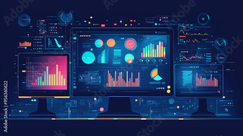 Monitor komputerowy wyświetlający zaawansowaną wizualizację danych, ilustrującą automatyzację procesów biznesowych. 