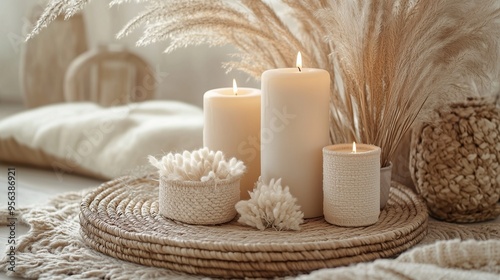 A serene arrangement with white candles, pampas grass, and textured elements in soft neutral tones, creating a warm and cozy atmosphere.