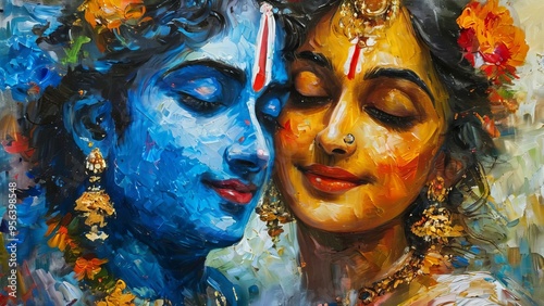 Krishna and Radha portrait symbolizing their love in a beautiful artistic painting style, depicting divine connection and spirituality new beautiful stock image illustration AI