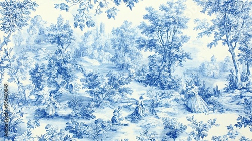 Blue Toile Pattern with Pastoral Scenes and Floral Motifs: Elegant Blue Toile Pattern Featuring Pastoral Scenes and Floral Designs