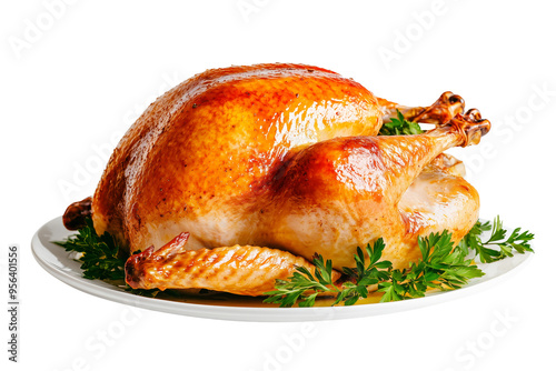 Whole roasted turkey or chicken garnished with fresh herbs isolated on white transparent background. Concept of food for Thanksgiving Day