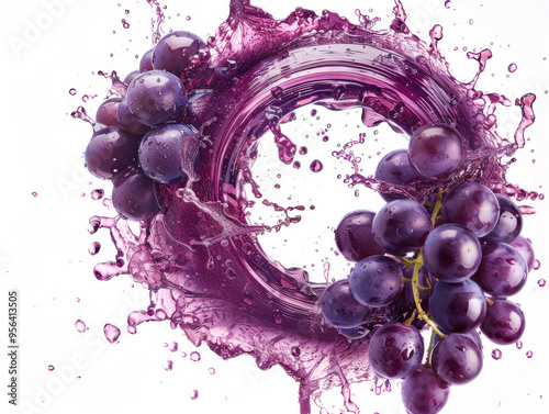 circular grape juice splash swirl, grape floating isolated white background