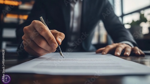 lawyer legal advisor Young businessman pointing at pen and reading agreement details Business contract for validity before signing financial contract inside office : Generative AI