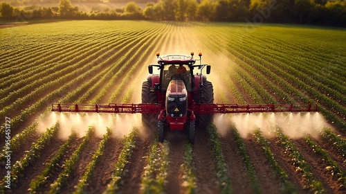 Aerial video of tractor spraying soil and young crop in springtime in field Tractor spraying pesticides on soy field with sprayer at spring Nozzle of the tractor sprinklers sprayed : Generative AI