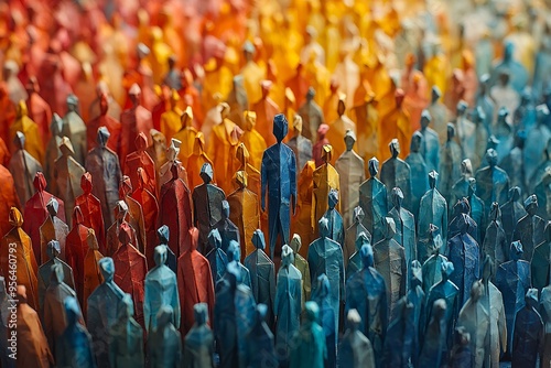 A vibrant origami-style representation of a diverse crowd, ideal for Business themes related to diversity, overpopulation awareness, and demographic studies.