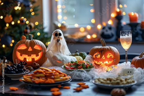 halloween scary snacks on table with pumpkins