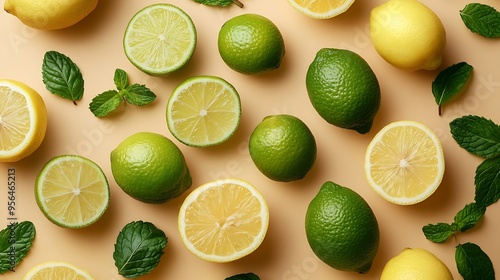 Many lemons limes and mint on beige background top view : Generative AI