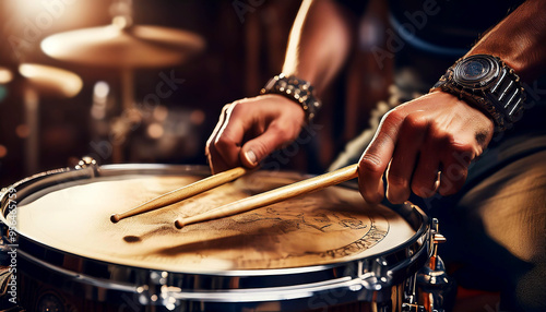 Extreme close-up of the expert hands of a male drummer, holding wooden drumsticks while performing a roll on a snare drum. Percussion instrument, drum roll and drum beat concept. Generative Ai.