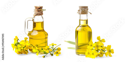 Glass Bottle of Oil with Yellow Flowers on a transparent background