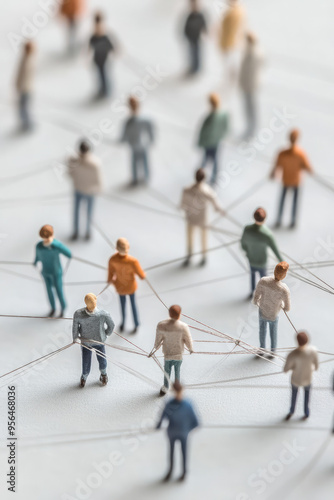 Group of simple miniature people shapes connected by thread lines on a simple background. Wallpaper of communication, social communications