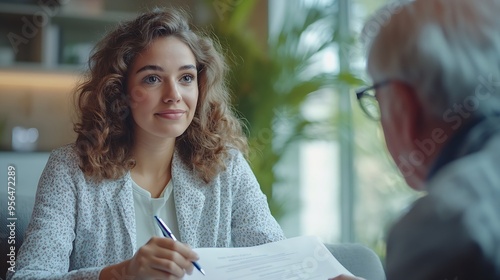 Focused female patient signing informed consent form while sitting on couch during medical consultation with elderly doctor Compliance with legal requirements when receiving personaliz : Generative AI