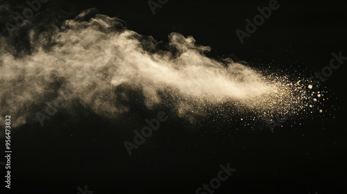 A cloud of golden dust explodes against a black background, creating a dramatic and ethereal effect.