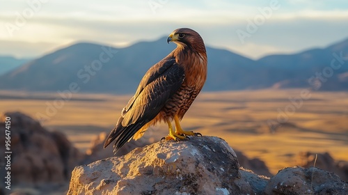 Hawk at sunset Harriss hawk Parabuteo unicinctus perched on rock in semidesert Bird of prey hunting in wild nature Beautiful raptor known as dusky or wolf hawk Hunts cooperatively in g : Generative AI