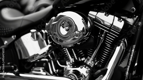 Beautiful close-up of a black and white chrome engine glistening in the sun, highlighting its custom style and intricate mechanics. Ideal for enthusiasts of classic american choppers