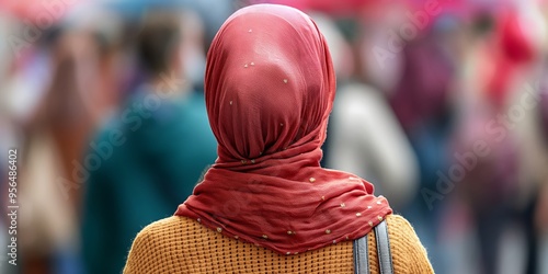 A woman wearing a red headscarf is seen from behind, standing amidst a busy street scene with people walking around her, highlighting cultural identity and urban life.