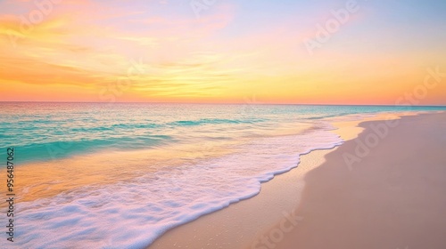 a serene beach at sunset with gentle waves lapping at the shore, the sky painted in warm hues of orange and pink, evoking a sense of calm and tranquility