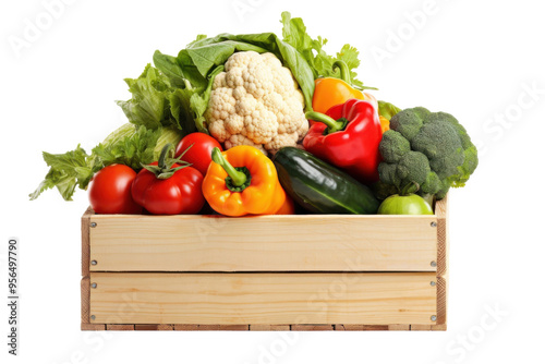 Fresh vegetables in wooden crate isolated on transparent background