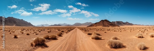 A vast desert landscape stretches out under a clear blue sky with a dirt road leading straight into the horizon, exuding a sense of adventure and isolation.