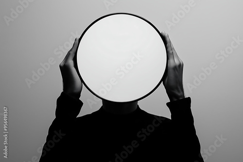 Faceless Silhouette Holding a Round Mirror Creating a Mysterious and Abstract Conceptual Artwork