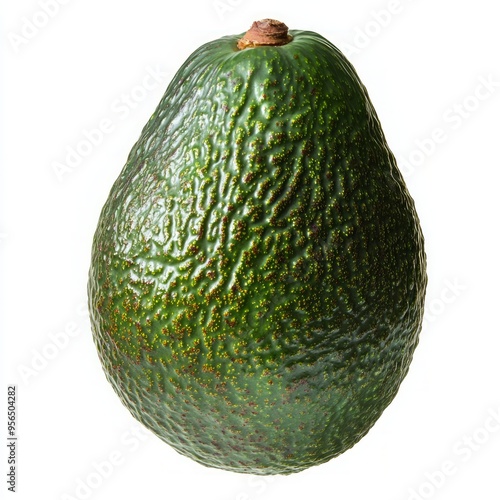 A whole, ripe avocado with a green, bumpy skin, isolated on a white background.