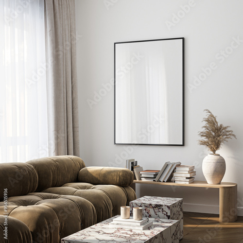 Frame mockup, ISO A paper size. Living room wall poster mockup. Interior mockup with house background. Modern interior design. 3D render