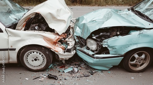 A catastrophic, front-end collision between two cars resulting in extensive damage to both vehicles, with debris scattered around on the road in broad daylight.