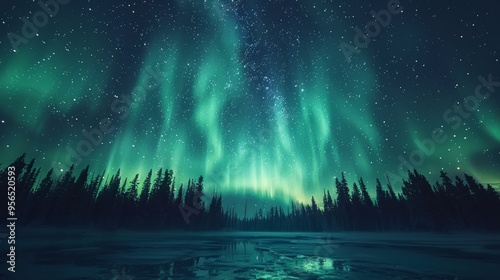 Green Northern Lights in Starry Sky