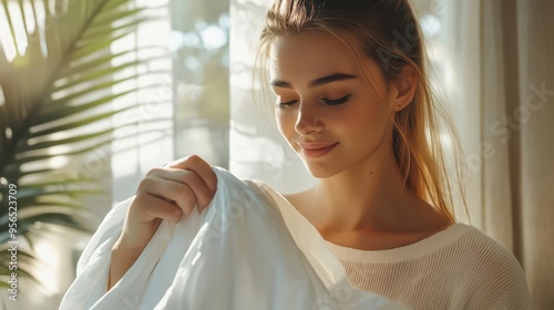 elegant woman caresses plush white garment inhaling fresh laundry scent in serene setting