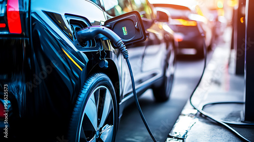 Electric vehicles parked at a charging station, promoting ecofriendly transportation options.