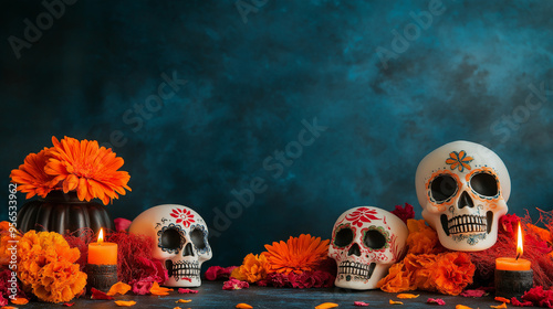 A detailed shot of a Halloween altar with colorful flowers, candles, and sugar skulls, celebrating the Day of the Dead.