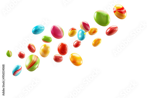 Colorful of many Chocolate glazed candies falling in the air isolated on background, confection dessert food from sugar.