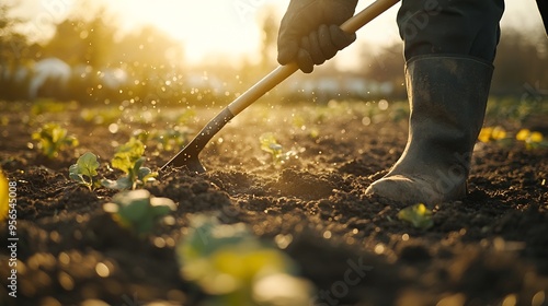 Worker works with rake in field cultivating land for planting vegetables Gardener works soil in home garden with rake prepares soil for transplanting seedlings Concept of agriculture g : Generative AI