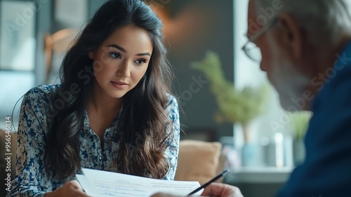 Focused female patient signing informed consent form while sitting on couch during medical consultation with elderly doctor Compliance with legal requirements when receiving personaliz : Generative AI