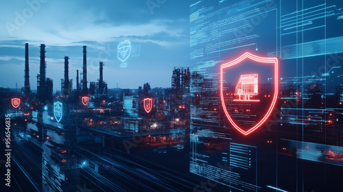 A sprawling factory complex at dusk, illuminated by a glowing digital shield overlay, highlighting the importance of cybersecurity in protecting critical operations.