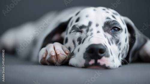 A charming Dalmatian puppy winking one eye while laying down, showcasing its unique spotted coat and charismatic personality in a heartwarming manner.