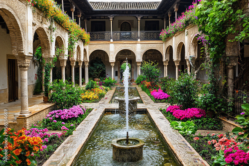 A serene courtyard, adorned with blooming flowers and a tranquil fountain, offering a sanctuary within the ancient castle walls.