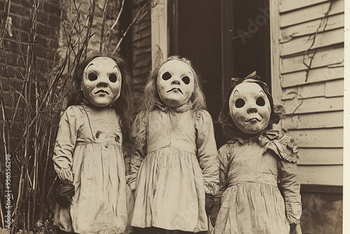 19th century children wearing Halloween masks, Halloween scary vintage photography 