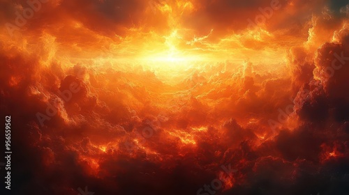 conceptual heaven and hell illustration paradisiacal realm above fiery underworld below contrasting atmospheres divine light vs infernal flames symbolic religious imagery