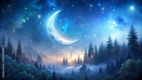 Softly glowing crescent moon suspended amidst twinkling stars, above a serene forest, bathed in an ethereal blue mist, evoking a sense of enchantment and wonder.