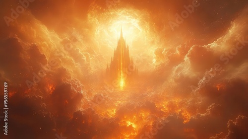 conceptual heaven and hell illustration paradisiacal realm above fiery underworld below contrasting atmospheres divine light vs infernal flames symbolic religious imagery