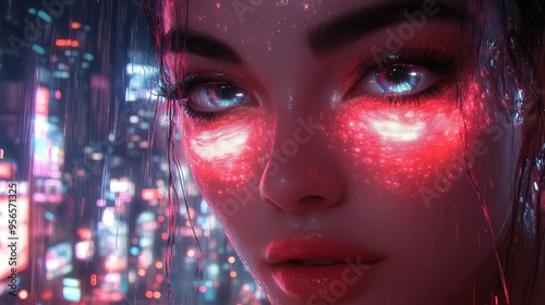 cyberpunk beauty advertisement in a neonlit megacity holographic models face projected onto skyscrapers with augmented reality makeup and bioluminescent hair flowing through the cityscape